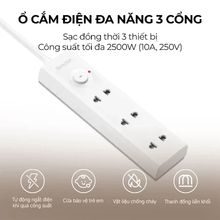 Ổ Cắm Điện Huntkey Chống Giật – Chống Cháy 3 Ổ 1 Công Tắc Công Suất 2500W